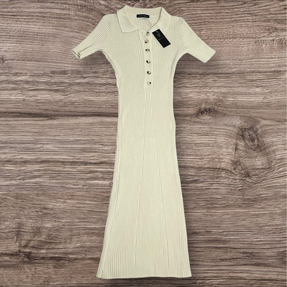 House Of Tsarivna Ribbed Knit Midi Polo Dress Ivory Stretch Womens small - Picture 4 of 6